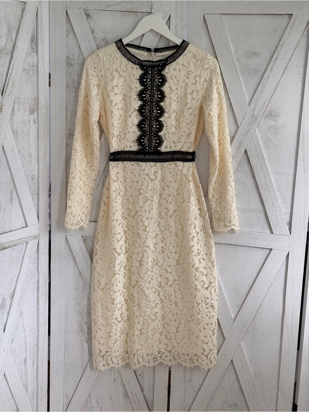 Dainty Jewells Cream Lace Long Sleeve Dress with Black Trim